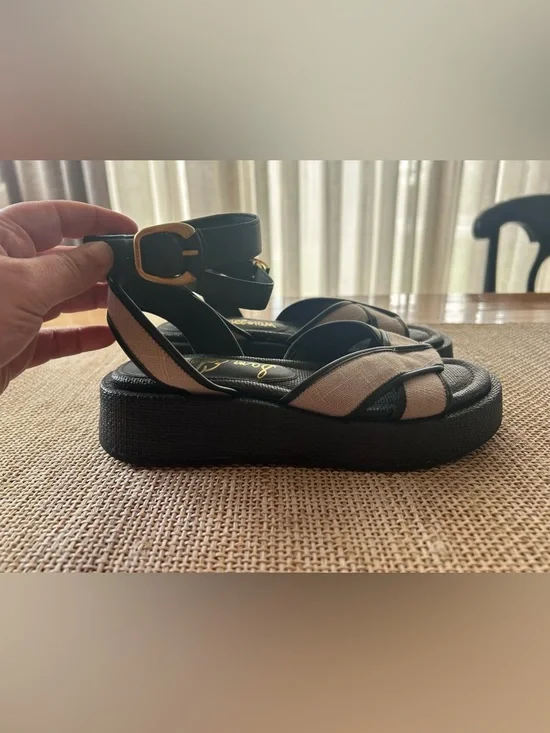 Sam Edelman Nylie Black Leather&Natural Linen Platform Ankle Strap Sandal.Size 8 - Picture 7 of 9